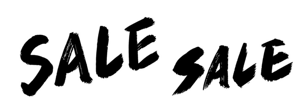 手書きの「SALE」文字ロゴ。ベクターのモノクロのセール素材、筆文字風の英語テキスト、加工自由なポップ・バナー用イラスト。