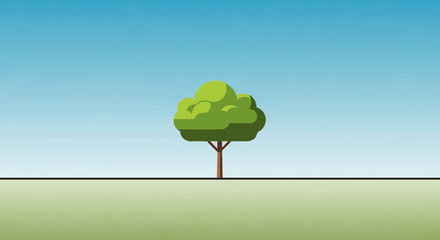 Minimalist green tree on grassy field under clear blue sky, flat design illustration © Wahyu