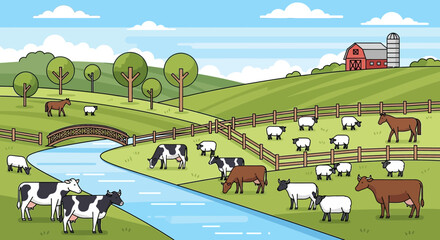Idyllic Farm Landscape with Livestock, River, and Barn © Zahra