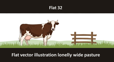 Brown and white cow standing in a green pasture with a wooden fence, flat vector illustration © Zahra