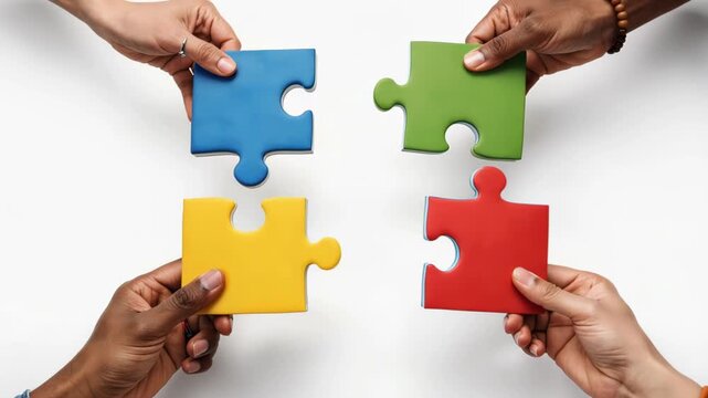Four diverse hands assembling a colorful four-piece jigsaw puzzle on a white background, illustrating teamwork, unity, cooperation, creativity and collaborative problem solving.