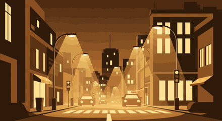 Urban street scene at night with cars, streetlights, and pedestrian crossing. © Wahyu