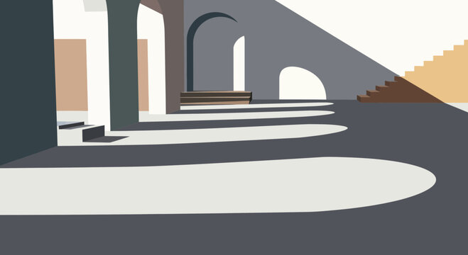 Modern Architectural Interior with Archways, Columns, and Dramatic Sunlight Shadows