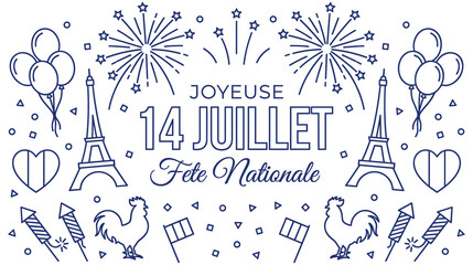 Fourteenth of july national holiday greeting card with fireworks and art. © Amina