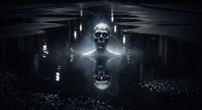Glowing Skull Reflection in Dark Water.