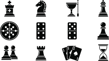 Comprehensive Board Game and Strategy Icon Set Featuring Chess Pieces, Dominoes, Playing Cards, and Hourglass for Gaming, Entertainment, and Leisure Design Projects © Sohel