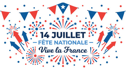 Obraz premium Vive la france text with festive fireworks and rockets for holiday.