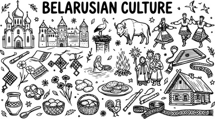 Obraz premium Belarusian Culture Black and White Line Art Illustration. Set of Traditional Symbols, Landmarks, Folk Costumes, Food, and Customs for Travel and History Design.