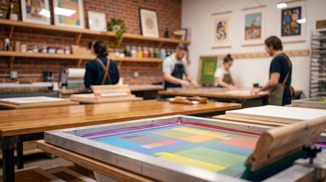 Printmaker pushing ink through a screen in a busy printmaking studio for artists