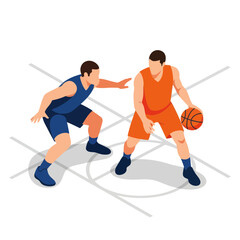 Fototapeta premium Two men playing basketball competitively.