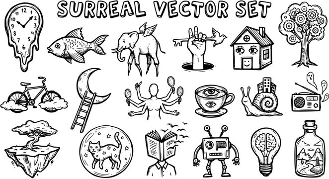 Black  White Hand-Drawn Line Art Surreal Vector Set. Abstract Concepts, Dreamlike Objects, and Imaginative Illustrations.