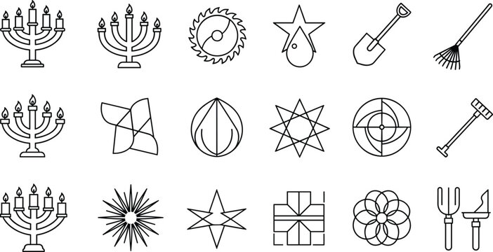 Diverse Collection of Miscellaneous Icons Featuring Menorahs, Circular Saw Blades, Garden Tools, Geometric Abstract Shapes, and Decorative Stars for Graphic Design Projects