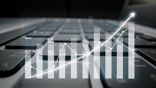 A close-up view of a laptop keyboard enhanced with a digital graph showing upward trends, illustrating concepts of financial growth and technological influence in business. Copula