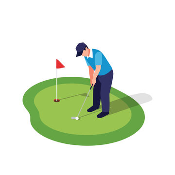 Man playing golf on green course.