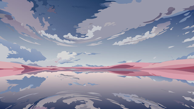 Serene desert oasis landscape with calm water reflection under cloudy sky at sunset peaceful natural scenery abstract vector illustration
