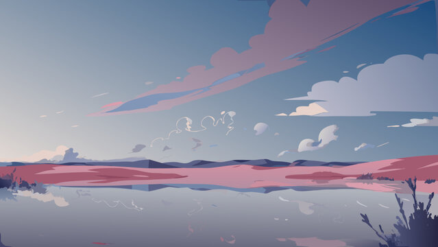 Fantasy desert landscape with pink sand blue sky and white clouds at sunset serene and peaceful environment vector illustration