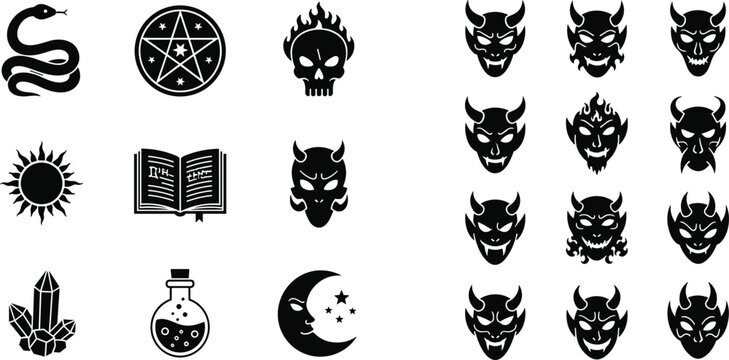Occult and Gothic Icon Set Featuring Demon Faces, Pentagram, Magic Book, Witchcraft Symbols, and Mystical Elements for Dark Art Design Projects