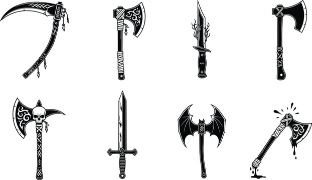 Ornate Fantasy Weapon Icon Set Featuring Intricate Battle Axes, Scythes, Daggers, and Swords for Role Playing Games, Dark Fantasy Illustration, and Creative Projects