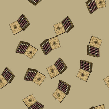 pattern Wooden cigar box filled with hand rolled cigars, vintage luxury and relaxation in clean black and white line art style, isolated on white for editorial or commercial use