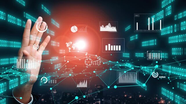 A futuristic scene illustrating data analytics with a hand reaching out to touch a graphical interface displaying various charts, graphs, and global connections, showcasing advanced technology. Xenic