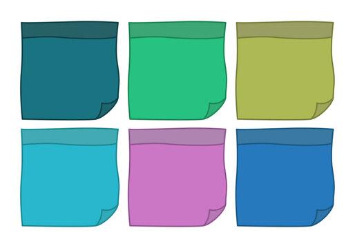Colecci&oacute;n de seis notas adhesivas cuadradas, de tonos azules, verdes y morado