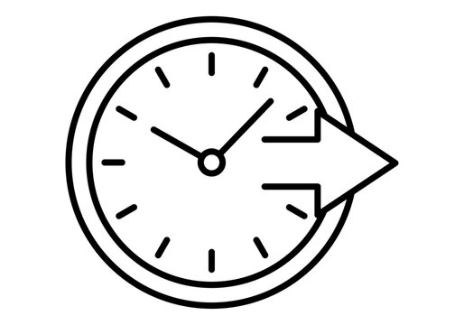 Icono lineal de reloj de pared con una flecha apuntando hacia la derecha