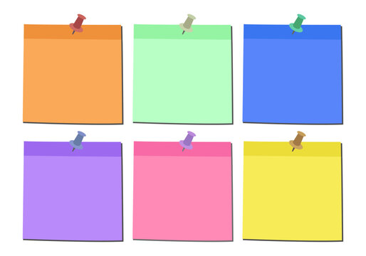 Colecci&oacute;n de seis notas adhesivas cuadradas de colores con chinchetas