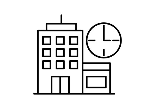 Icono lineal de edificio de oficinas o empresa junto a un reloj anal&oacute;gico para horario laboral