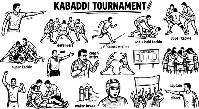Kabaddi Tournament Illustration: Sports Action, Line Art, Dynamic Poses, and Teamwork