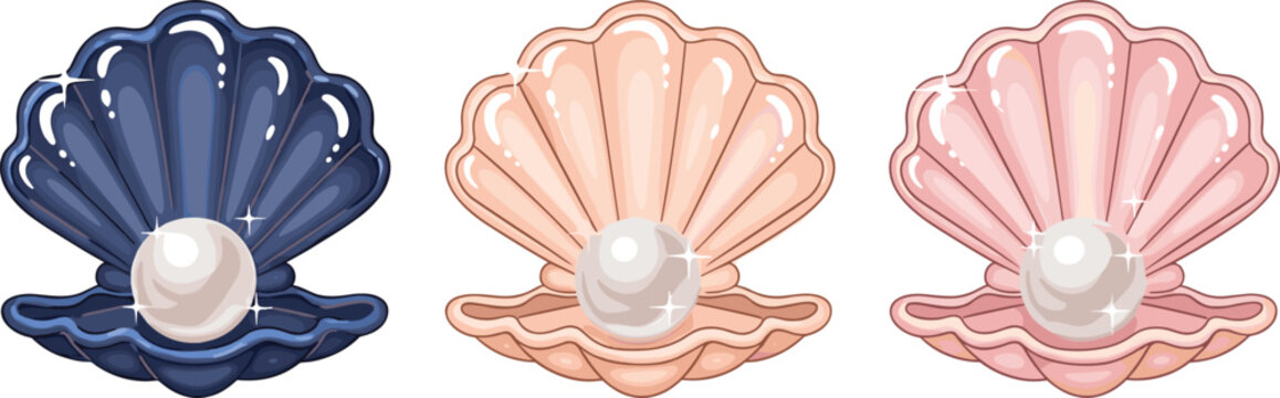 Set of Beautiful Shiny Open Seashell Icons with Pearls in Various Pastel Colors for Ocean, Jewelry, Luxury, and Marine Themed Design Projects
