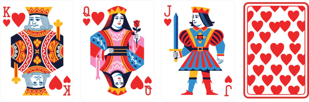 Set of Colorful Heart Suit Playing Cards Featuring King, Queen, Jack, and Card Back Design for Casino, Poker, Gambling, and Game Projects