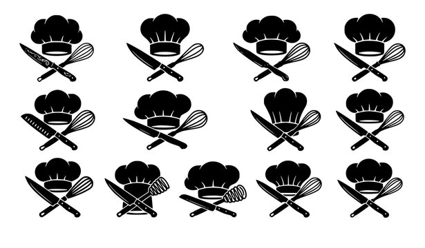 Modern flat chef hat vector set with colorful crossed knife and whisk culinary logo collection