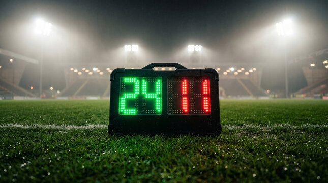 Substitution board on football pitch at night stadium
