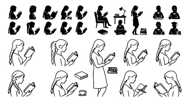 Modern flat reading book vector set with colorful women studying and learning lifestyle icons collection