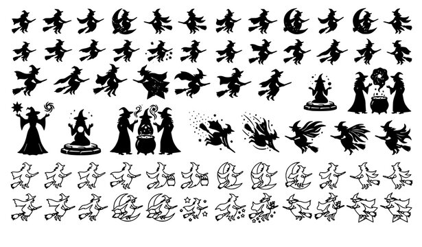 Scandinavian folk art witch vector mega set with decorative floral wizard and cauldron characters collection