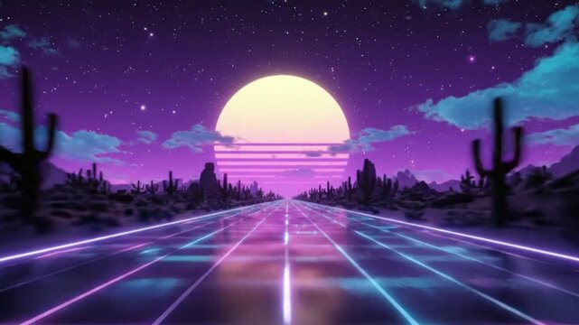 A futuristic neon highway stretching endlessly across the desert at night, retro synthwave aesthetic, cinematic long take at a low angle, smooth motion blur, cinematic animation effects inspired by 80