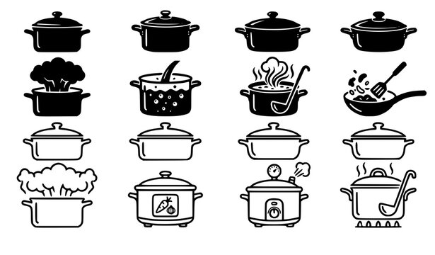 Continuous line art cooking pot vector icon set with minimalist simple single line cookware logo collection