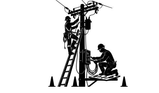 Abstract geometric utility lineman vector illustration with power grid worker graphic design element