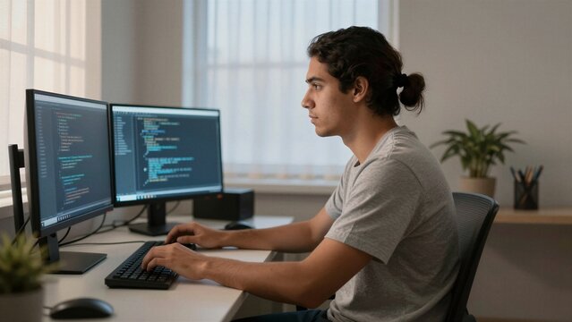 A young man is focused on programming code displayed on two monitors in a bright home office setting.