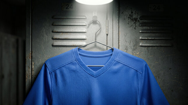 Blank blue sports jersey hanging on locker in dark room