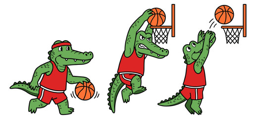 Crocodile basketball player character set, funny alligator mascot dribbling, dunking and shooting ball into hoop cartoon doodle collection © Satoru Sketches