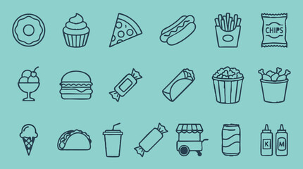 Fototapeta premium Fast Food and Snack Line Art Icons Set on Teal Background