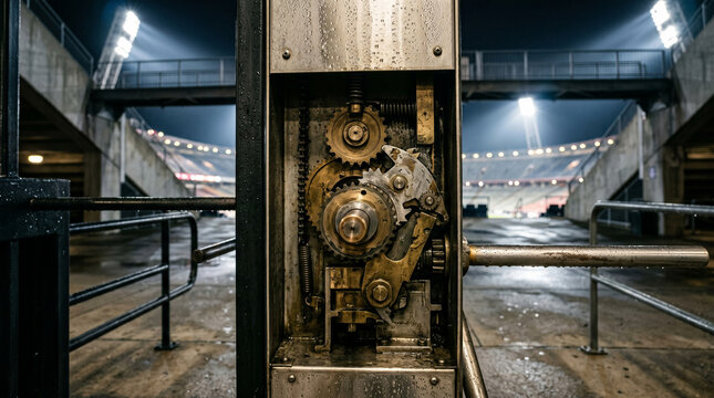 Mechanical turnstile gears at empty stadium entrance at night