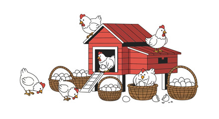 Cute Cartoon Chickens and Eggs in Baskets near Red Hen House © rokok