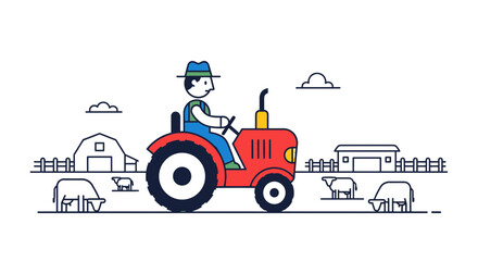 Farmer driving a red tractor on a farm with barns and sheep, flat design illustration © rokok