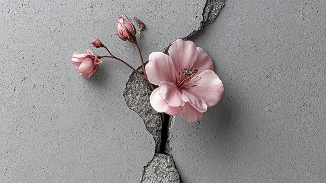 Delicate pink cherry blossoms bloom defiantly through a cracked concrete wall, symbolizing resilience and hope