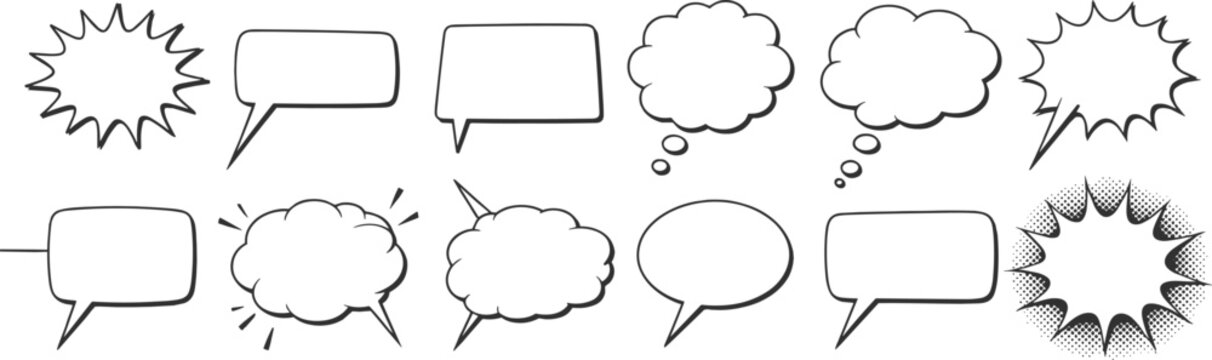 Collection of comic style speech and thought bubbles with hand drawn outlines
