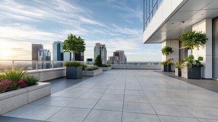 Fototapeta premium Spacious modern rooftop terrace with city skyline view, lush greenery, and sunny sky