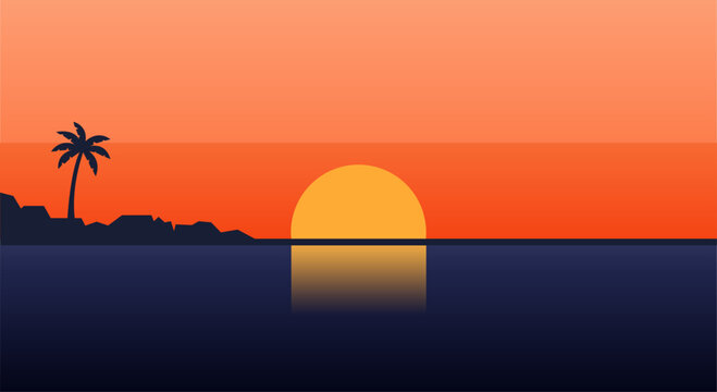 Atardecer tropical con sol naciente sobre el mar y silueta de palmera en la costa
