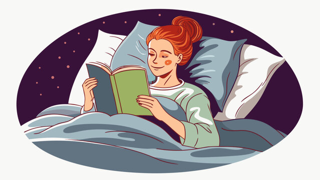 Young woman reading a book in bed at night with pillows and blanket feeling relaxed and cozy in a peaceful atmosphere